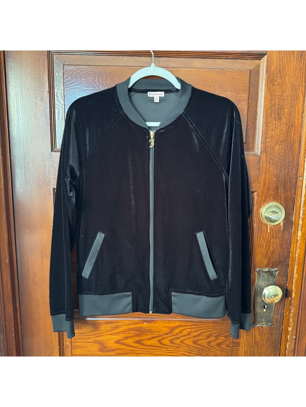 2000s Y2K Glam Juicy Couture Black Velour Velvet Bomber Jacket Size Medium